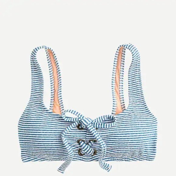 J. Crew | Lace Up Bikini Top Faded Stripe Blue White Preppy Nautical Swimwear XL - Picture 4 of 11